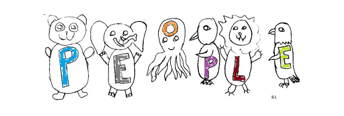 child's drawing of animals that spells out the word people