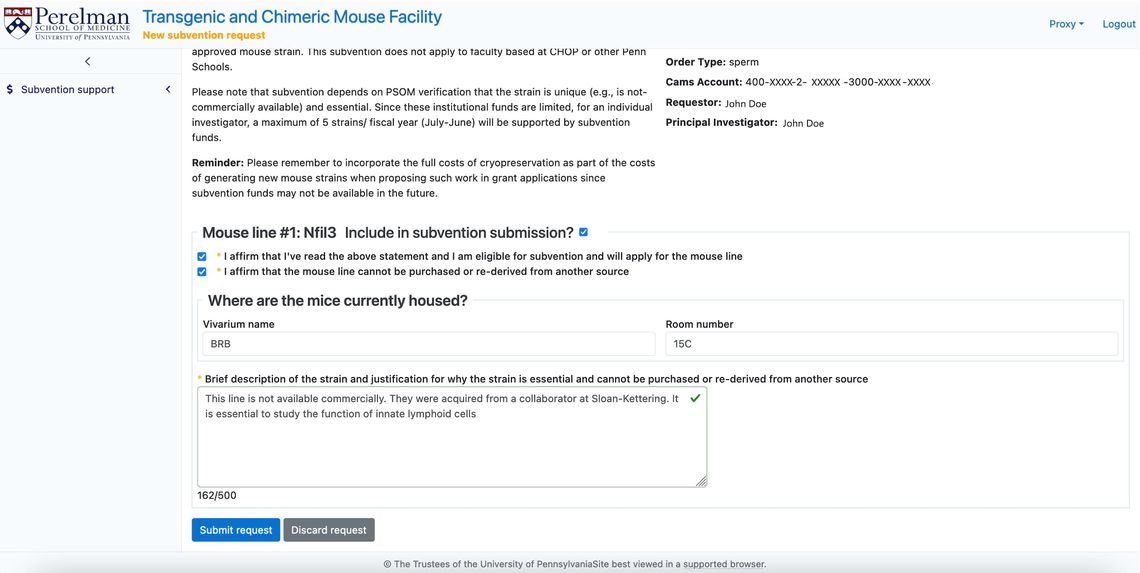 Screen shot from TCMF application: Subvention Request (Submit Request screen)