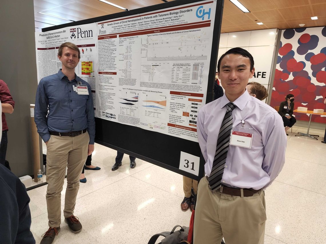 Chris Sande MD and Stone Chen presenting their work on clonal hematopoiesis in telomere biology disorders (June 14, 2022)