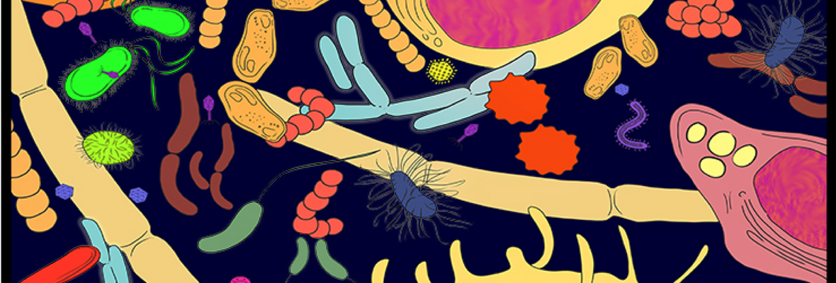 Cartoon image of various microbes interacting in a community