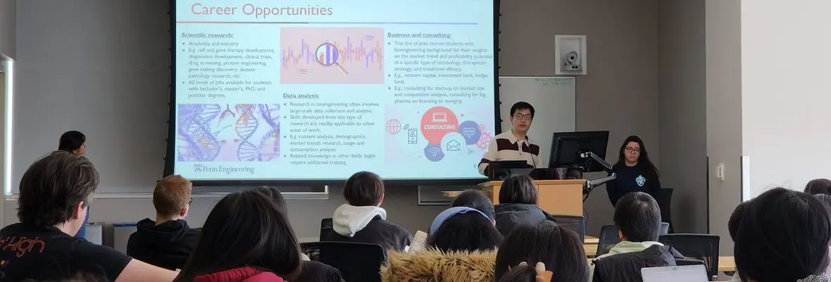 Two students giving a presentation about career opportunities to a classroom of students