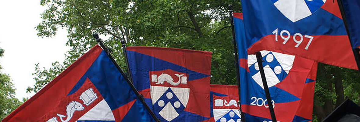 Red, white, and blue Pennsylvania University flags