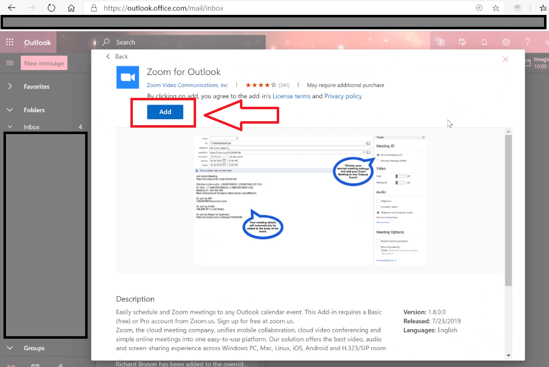 Click the "Add" button to add the Zoom for Outlook add-in