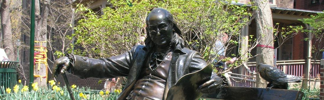 A statue of Benjamin Franklin, founder of University of Pennsylvania.