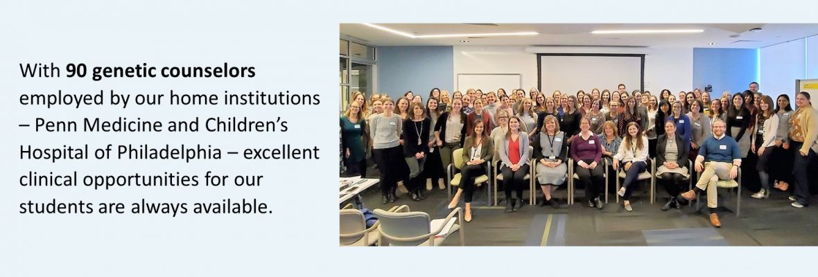 Slide and image of 90 genetic counselors at Penn Medicine and CHOP