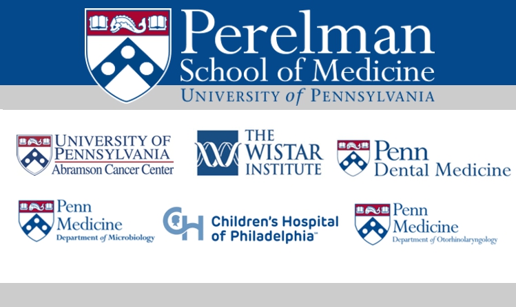 Collage of the following sponsor's logos: Perelman School of Medicine, Abramson Cancer Center, The Wistar Institute, Penn Dental, Penn Medicine Department of Microbiology, Children's Hospital of Philadelphia, Penn Medicine Department of Otorhinolaryngology