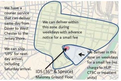 Investigational Drug Service map marker at 36th and Spruce streets with courier service zone in University City area