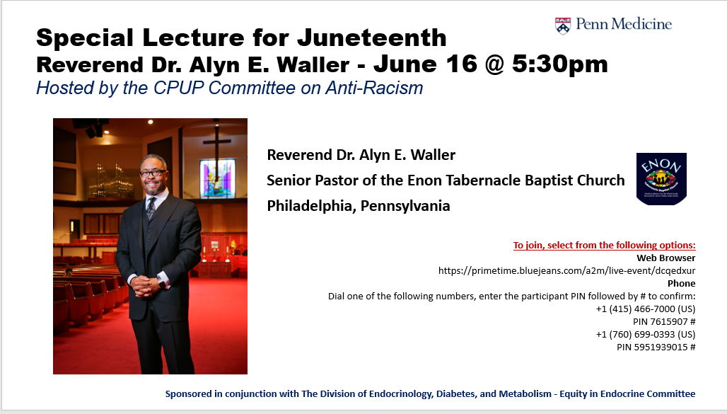 Special Lecture for Juneteenth Reverend Dr Alyn Waller June 16th at 5:30pm