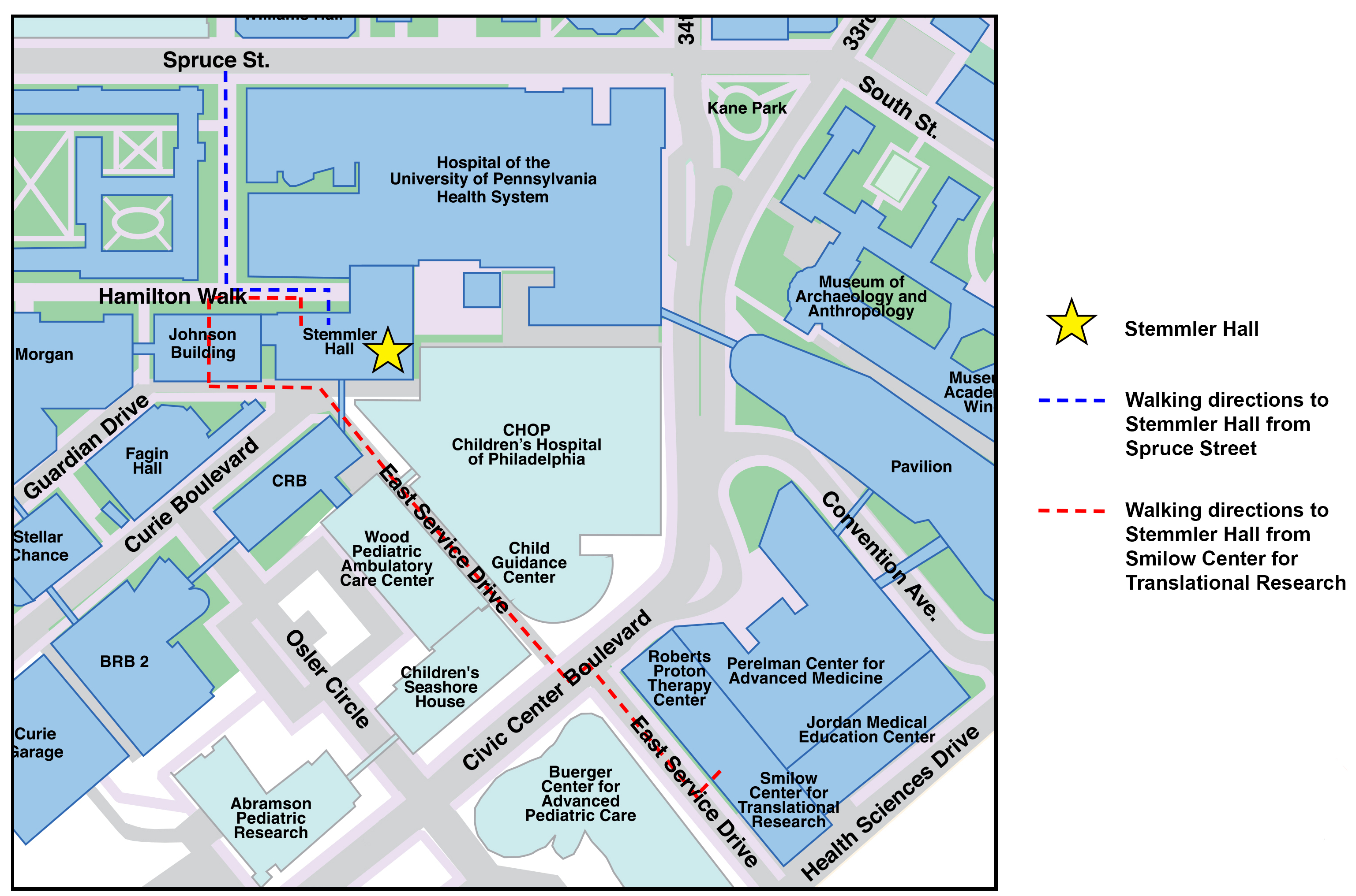 map showing walking directions to stemmler hall 