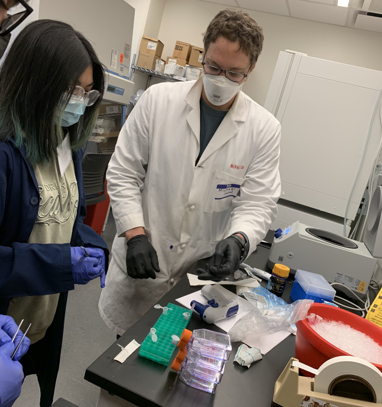 Student and lab-coated post doc at work in tissue culture facility