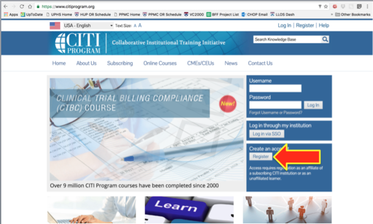 Screenshot of the Citi Program Website - Pointing to the Register for an Account Button