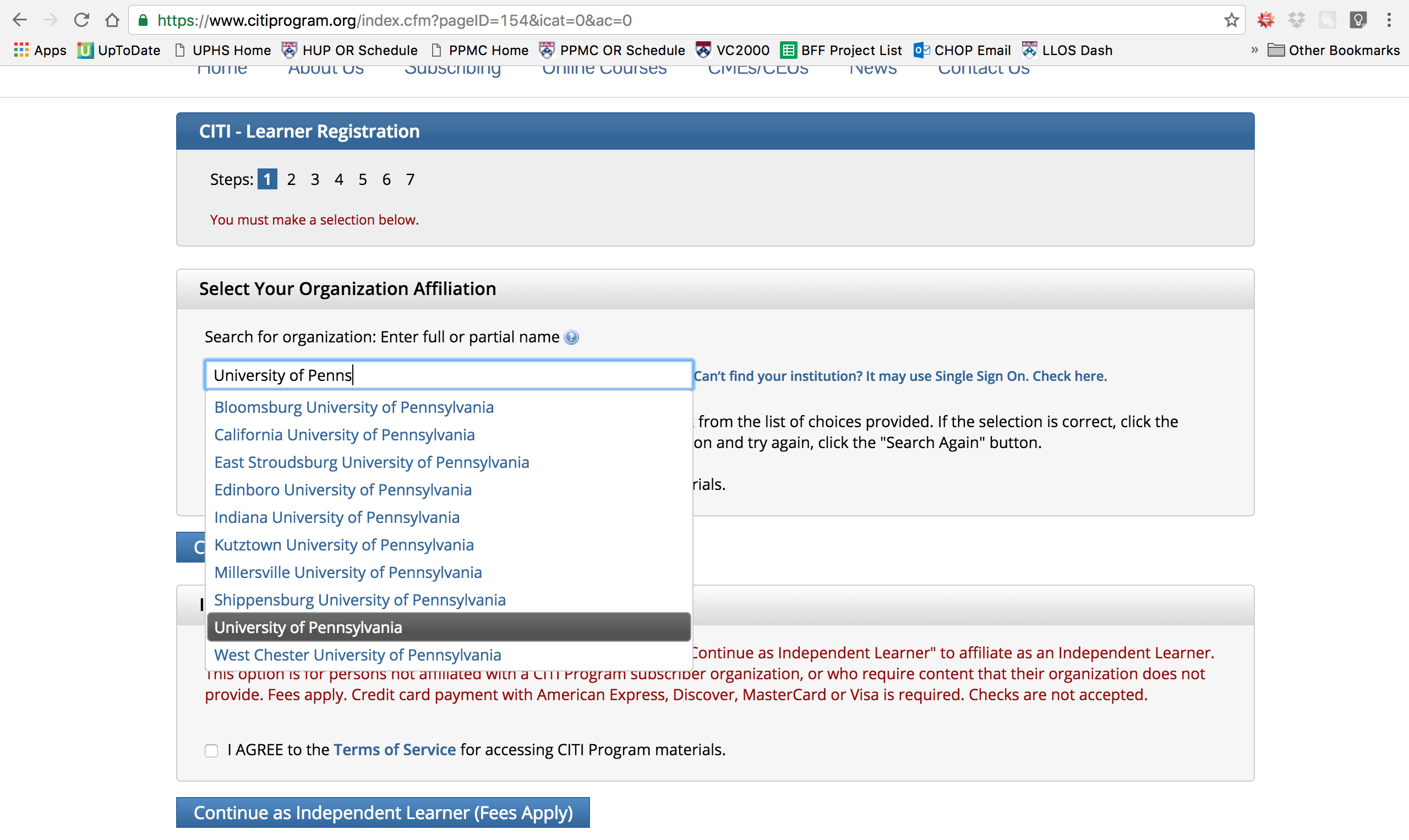 Screenshot of the Citi Program Website - Select University of Pennsylvania