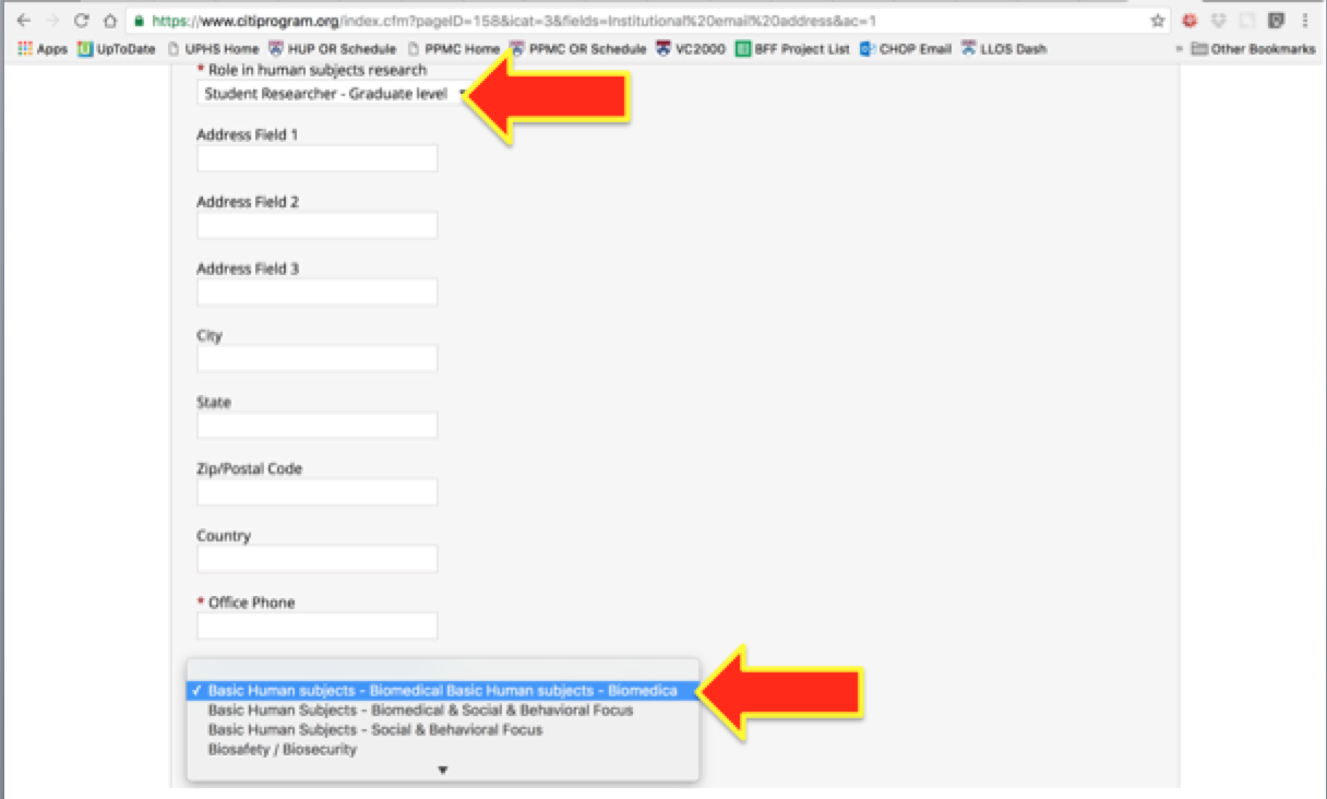 Screenshot of the Citi Program Website - Setting Role to Student Researcher