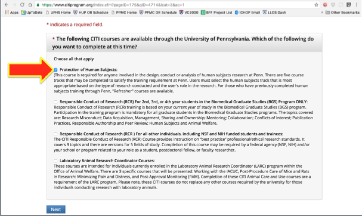 Screenshot of the Citi Program Website - Choose Protection of Human Subjects