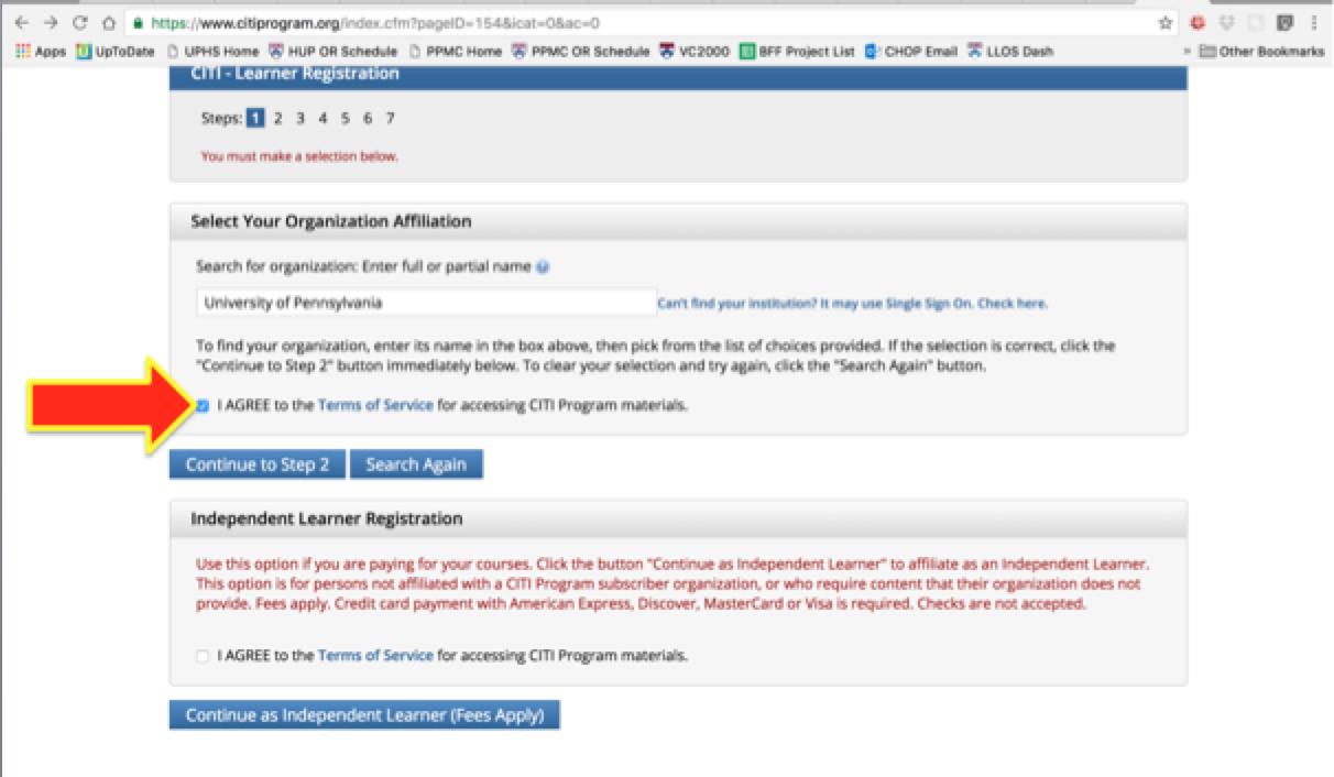 Screenshot of the Citi Program Website - Agree to Terms of Service