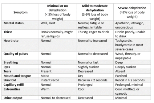 Table comparing symptoms of minimal, mild–moderate, and severe dehydration across mental status, vitals, exam findings, and urine output.