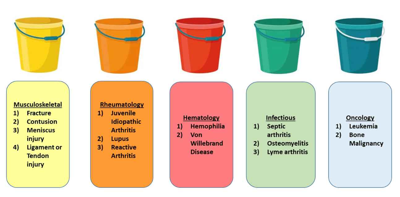 Five colored buckets illustrating differential diagnosis categories for joint pain or swelling: musculoskeletal, rheumatologic, hematologic, infectious, and oncologic causes.