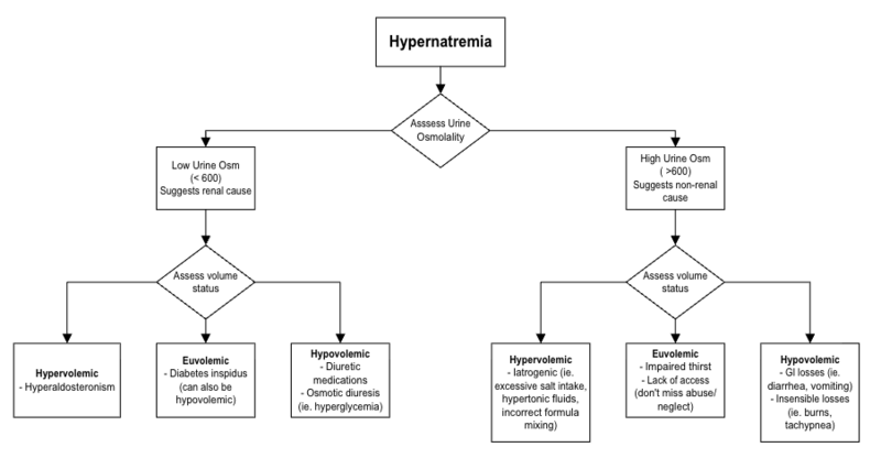 Flowchart outlining evaluation of hypernatremia based on urine osmolality and volume status to identify renal vs. non-renal causes.