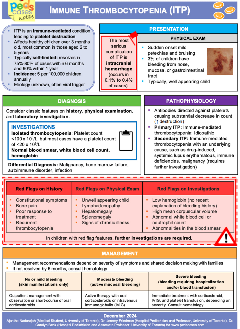 An overview of immune thrombocytopenia (ITP) describing presentation, diagnosis, red-flag features, pathophysiology, and management based on bleeding severity.