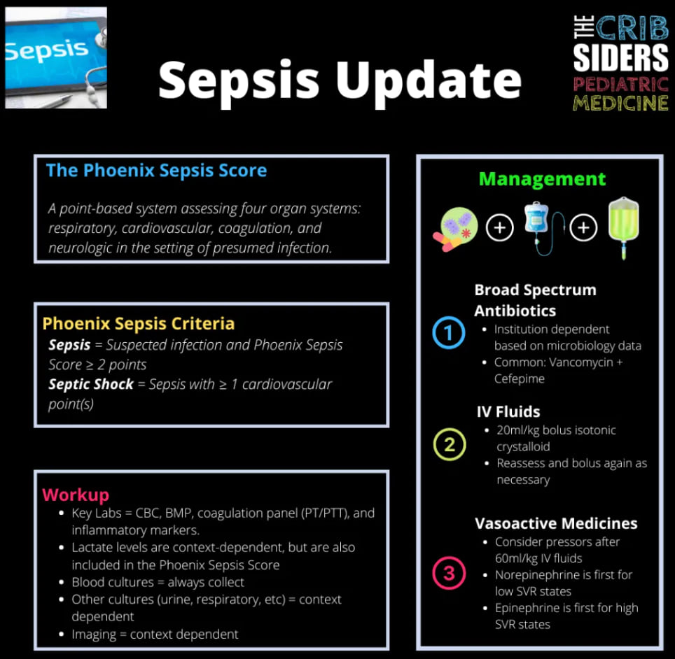  Infographic summarizing pediatric sepsis criteria, diagnostic workup, and management using the Phoenix Sepsis Score