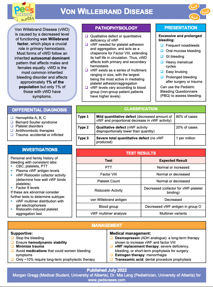An overview of von Willebrand Disease including its pathophysiology, common bleeding symptoms, diagnostic testing, classification, and management strategies.