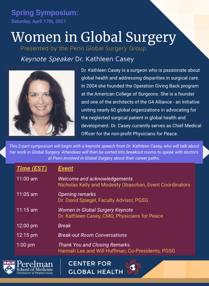 Flier for PGSG Spring 2021 Symposium on Women in Global Surgery