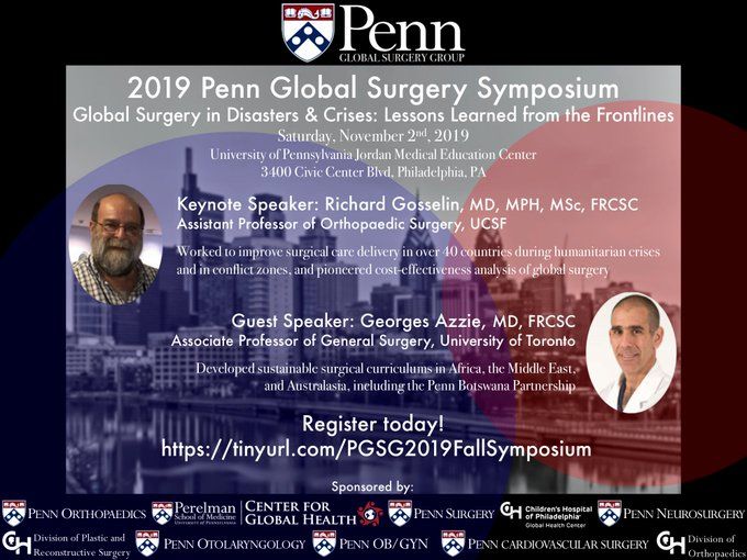 Flyer for the PGSG Fall 2019 Symposium titled Global Surgery Disasters and Crises: Lessons Learned from the Frontlines