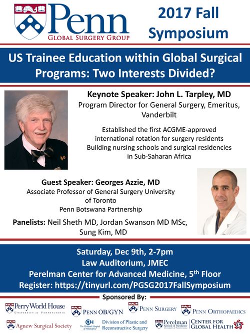 Flier for PGSG Spring 2017 Symposium titled US Trainee Education Within Global Surgical Programs: Two Interests Divided?
