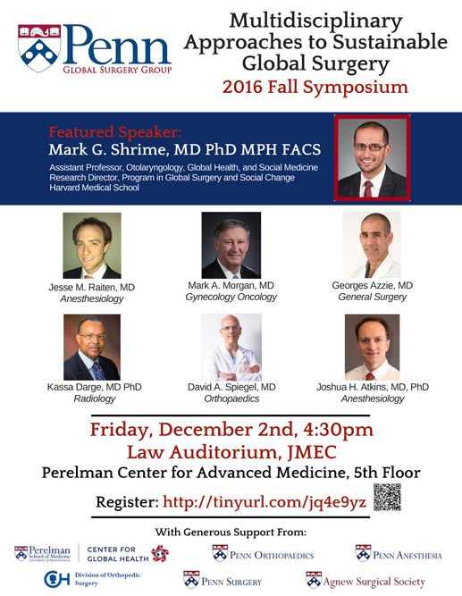 Flier for PGSG Fall 2016 Symposium titled Multidisciplinary Approaches to Sustainable Global Surgery