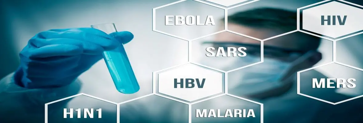 Scientist holding a vial; names of infectious diseases