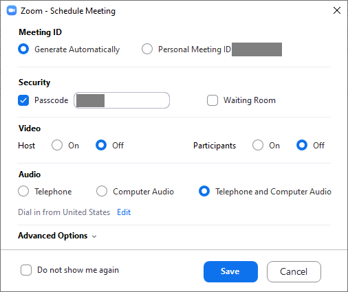 Choose your Zoom meeting options
