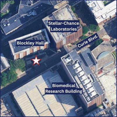 Star icon indicating the food truck location on Curie Blvd, noting the building surrounding it (Blockley Hall, Stellar-Chance Laboratories and Biomedical Research Building) in an aerial view.