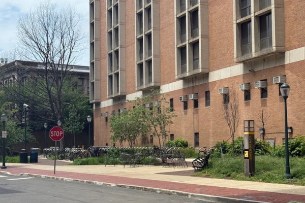 The Blockley Hall building in front of Curie Blvd.