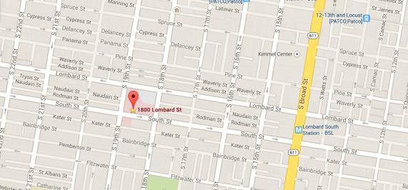 Map showing our lab on South Street between 18th and 19th Streets in Philadelphia