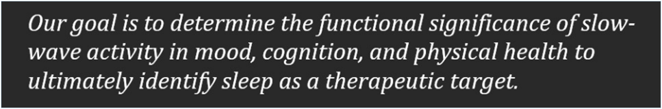 Our goal is to determine the functional significance of slow-wave activity in mood, cognition, and physical health to ultimately identify sleep as a therapeutic target.