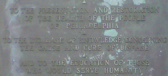 A bronze plaque for the dedication of Philadelphia General Hospital